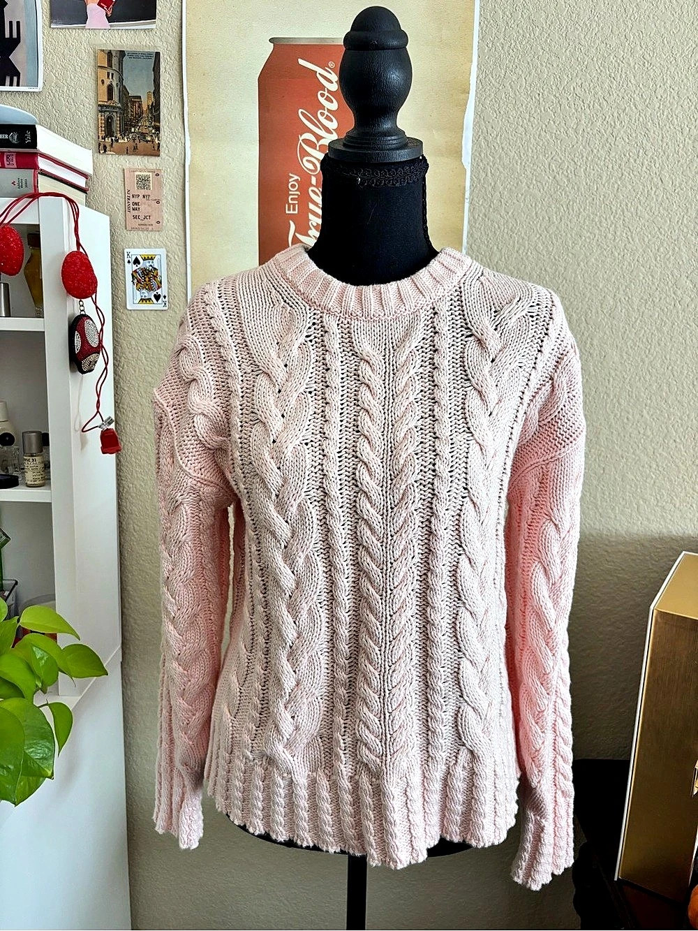NWOT J.CREW Cable Knit Crewneck Sweater in Blush Pink Size XS